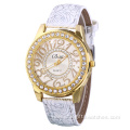 Vein Leather Strap Rhinestone Quartz Watch